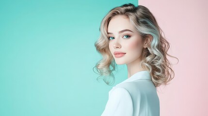 Fototapeta premium Elegant woman with curly hair in pastel background, fashionable style 2023
