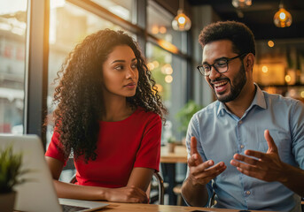 Diverse Young Professionals Collaborating on Laptop in Cafe Setting