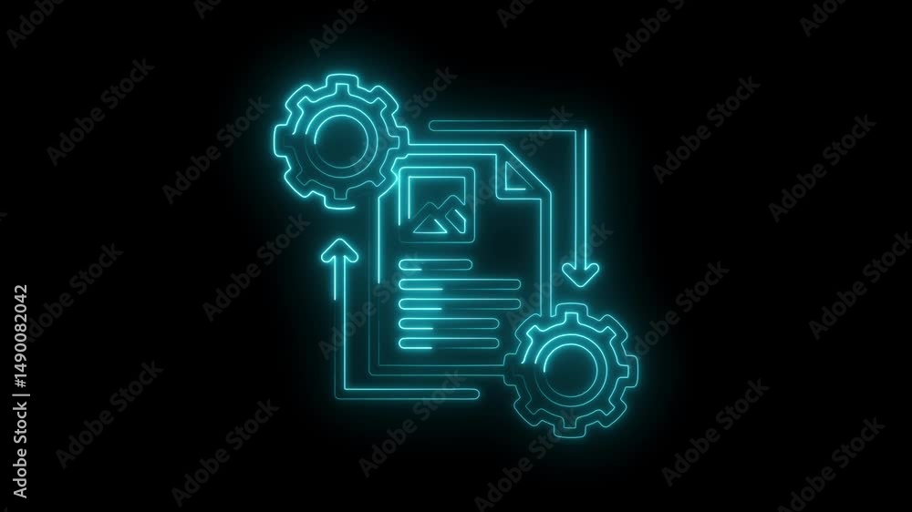 Poster neon style data transformation illustration with gears and file icon for business and technology con