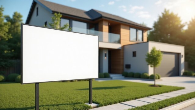 Modern House Exterior with Blank White Real Estate Sign Board – Mockup for Property Listings, For Sale Advertisement, and Real Estate Marketing Display
