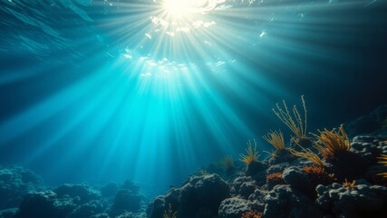 Naklejka premium Sunbeams illuminate a vibrant underwater coral reef scene teeming with life in a deep ocean habitat.