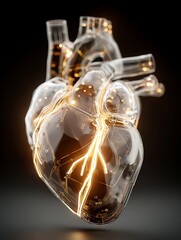 An anatomical rendering of a heart, composed of glass and glowing elements.