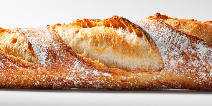 Close-up of crusty golden-brown baguette, showcasing texture and detail, representing freshness, artisan baking, and delicious food