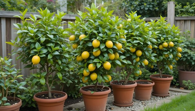 Potted lemon trees in a home garden