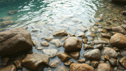 Obraz premium Crystal clear water flows gently over smooth river rocks creating a serene and tranquil natural scene perfect for relaxation.