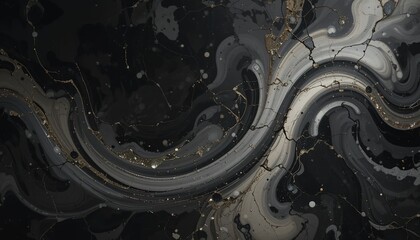 Swirling Grayscale Abstract with Golden Veins and Fractured Text