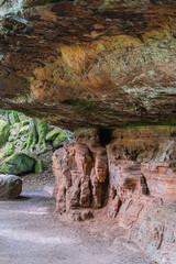 The Path road along red rock formations reserve Altschlossfelsen in the Saarland region of Germany...
