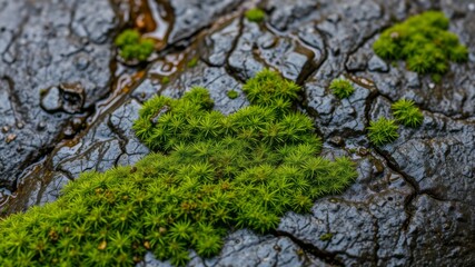Fototapeta premium Lush green moss thrives on dark cracked rock surface after a recent rain shower showcasing vibrant textures and colors.