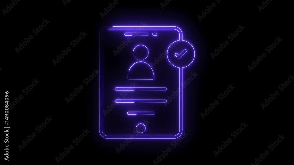 Poster neon style mobile identity verification with tick represents successful authentication