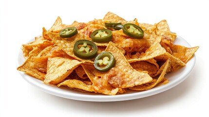 A plate of nachos, crispy tortilla chips generously layered with melted cheese and topped with sliced jalape?o peppers