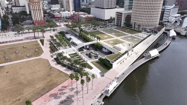 Curtis Hixon Waterfront Park At Tampa Florida United States. Beautifully Designed Park Adorned With Lush Greenery. Business Sky Clouds Downtown Cityscape. Business Downtown Panoramic City.