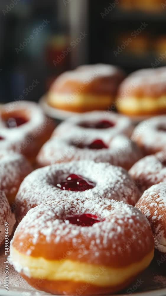 Aufkleber a plate of powdered donuts with a cherry filling. the donuts are arranged in a row and are all the s