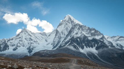 Obraz premium A majestic snow-capped mountain peak rises dramatically against a vibrant blue sky with a wispy cloud partially obscu its summit.