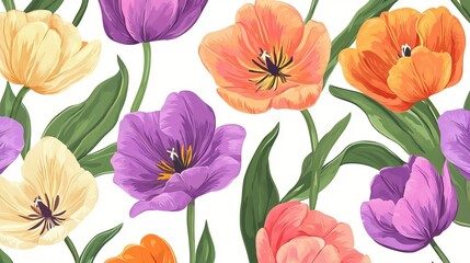 Beautiful colorful tulip flowers spring floral seamless pattern art pink bloom plant fresh white