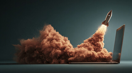 Rocket launching from laptop, brown dust cloud, symbolizes rapid growth, innovation, and digital transformation, ideal for technology or startup concepts
