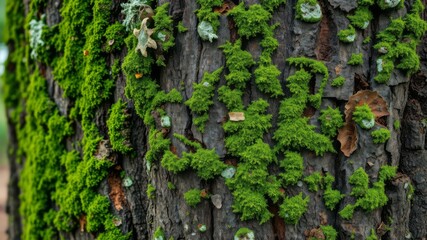 Lush green moss thrives and grows abundantly on the textured bark of an ancient tree trunk outdoors.