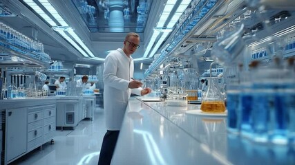 Scientist in a Modern Laboratory: Capturing the essence of scientific discovery with a lone scientist meticulously working amidst gleaming glass beakers and innovative equipment.