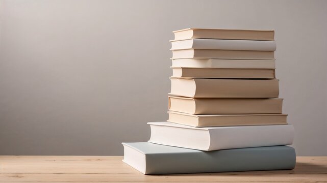 Stack of neutral toned books on wooden desk