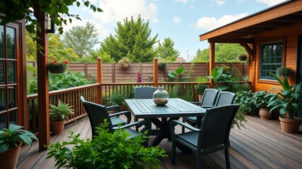 Fototapeta premium A spacious wooden deck with dark patio furniture provides a relaxing outdoor dining area surrounded by lush green plants and trees.