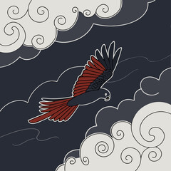 Obraz premium Red-tailed Black Cockatoo flying silhouette against stormy clouds, dramatic wildlife digital art