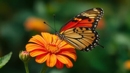 Naklejka premium A vibrant orange butterfly with black and white markings delicately rests on a bright orange flower in a lush green garden.