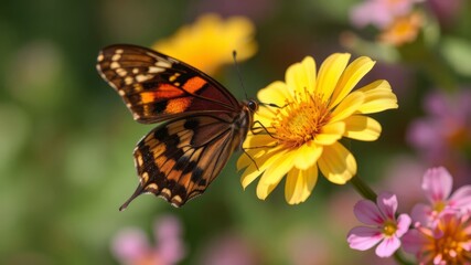 Obraz premium A vibrant orange and brown butterfly delicately feeds on a bright yellow flower in a lush garden setting with soft sunlight.