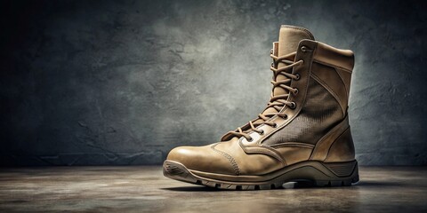 A sturdy tan leather military boot stands alone against a textured dark background
