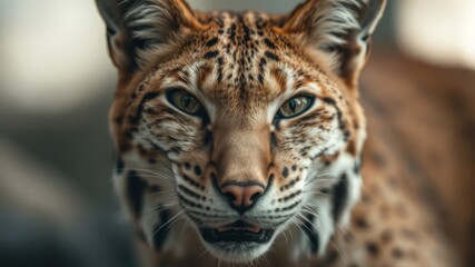 Obraz premium A majestic Eurasian lynx stares intensely at the camera with piercing green eyes and spotted fur close up.