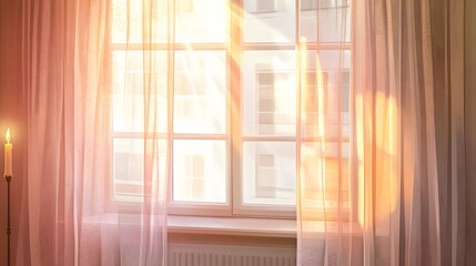 A sunlit room with sheer curtains and warm light.