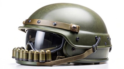 Fototapeta premium Tactical Helmet with Face Shield and Ammunition Pouch Protective Gear for High-Risk Operations