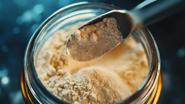 A spoon is scooping out some powder from a jar. The powder is yellow and he is a type of supplement