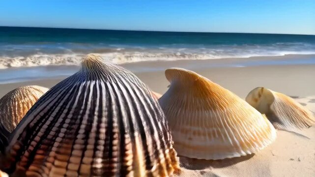 Seascape showcasing numerous colorful seashell formations on sandy shores with blue ocean waves gently rolling onto the coastline.