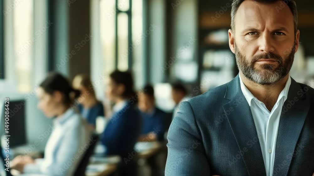 Poster a man in a suit stands in front of a group of people in a business setting. he is the center of atte