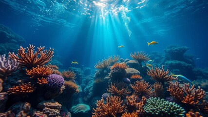 Fototapeta premium Vibrant underwater scene showcasing a thriving coral reef ecosystem with diverse colorful corals and fish swimming peacefully in sunlit ocean depths.