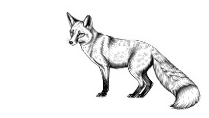 A detailed black and white illustration of a majestic fox standing alertly with a long bushy tail against a white background.