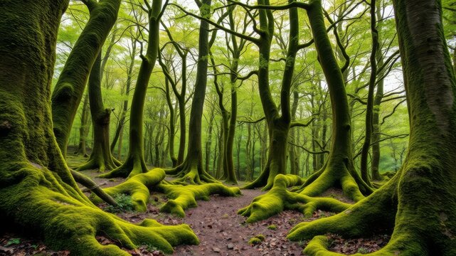 A lush green forest path winds through ancient moss-covered trees with exposed roots creating a mystical atmosphere.