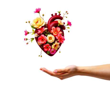 Human heart intertwined with colorful flowers floating above open hand