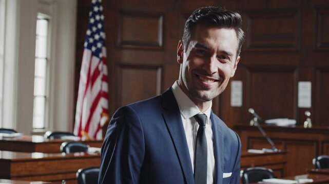 Confident lawyer in court room smiling. justified businessman showing success gesture near smiling advocate and blurred judge in court
