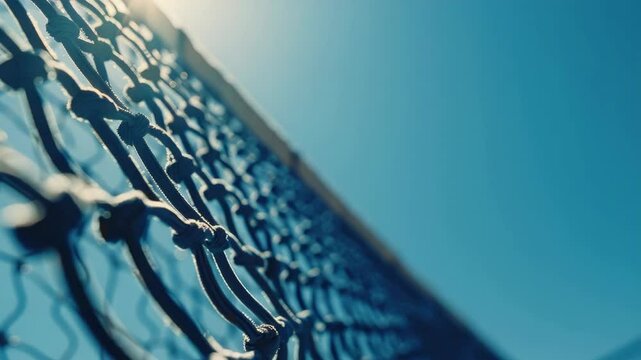 A close up of a chain link fence with a blue sky in the background. The fence is covered in snow and the sky is clear and bright
