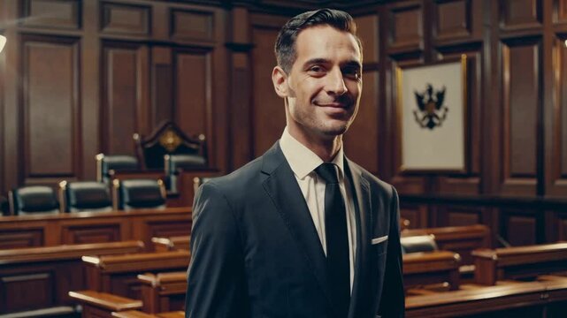 Confident lawyer in court room smiling. justified businessman showing success gesture near smiling advocate and blurred judge in court