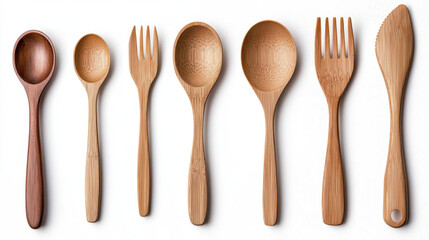 Bamboo kitchen utensils including spoons and forks arranged in flat lay. These eco friendly tools are perfect for sustainable cooking and dining