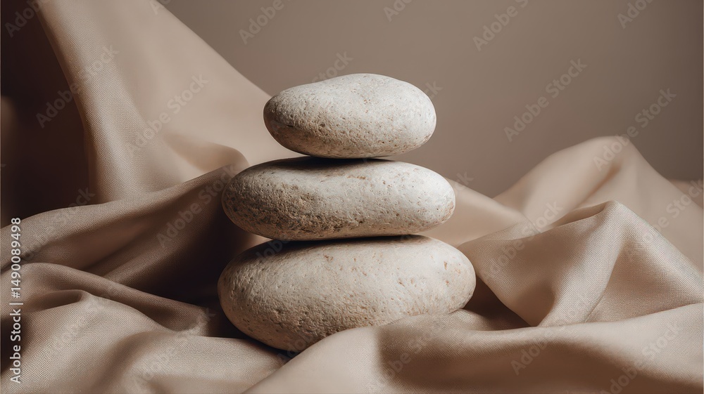 Poster smooth stone stack on neutral fabric background with soft textures and subtle colors