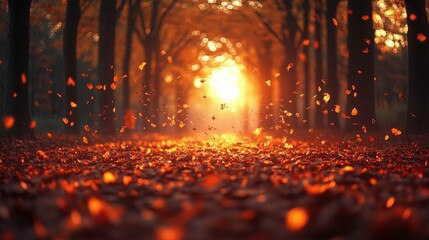 Obraz premium Autumnal forest path bathed in golden sunlight. Falling leaves create a vibrant carpet