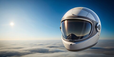 A futuristic helmet floats serenely above a boundless expanse of clouds, bathed in the warm glow of the sun, symbolizing exploration and boundless possibilities.
