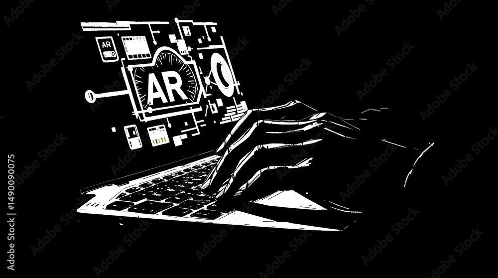 Poster a stylized illustration of a hand typing on a laptop with ar interface elements displayed on the scr