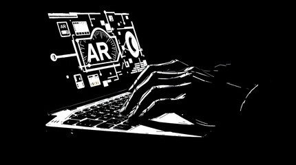 A stylized illustration of a hand typing on a laptop with ar interface elements displayed on the screen