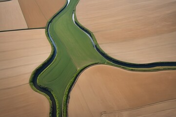 Aerial View of Contrasting Green and Brown Farmland Divided by Water Channel – Geometric Agricultural Landscape 