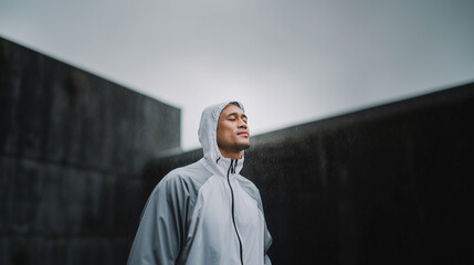 Asian man in jogging suit on a rainy day