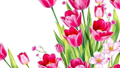 Obraz premium Magenta tulips and sweet flowers watercolor seamless spring floral background, botanical, blossom