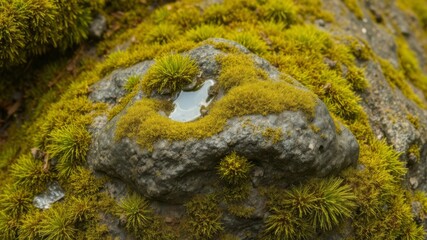 Obraz premium A close-up photograph reveals a dark grey rock completely covered in vibrant green moss with a small pool of water.